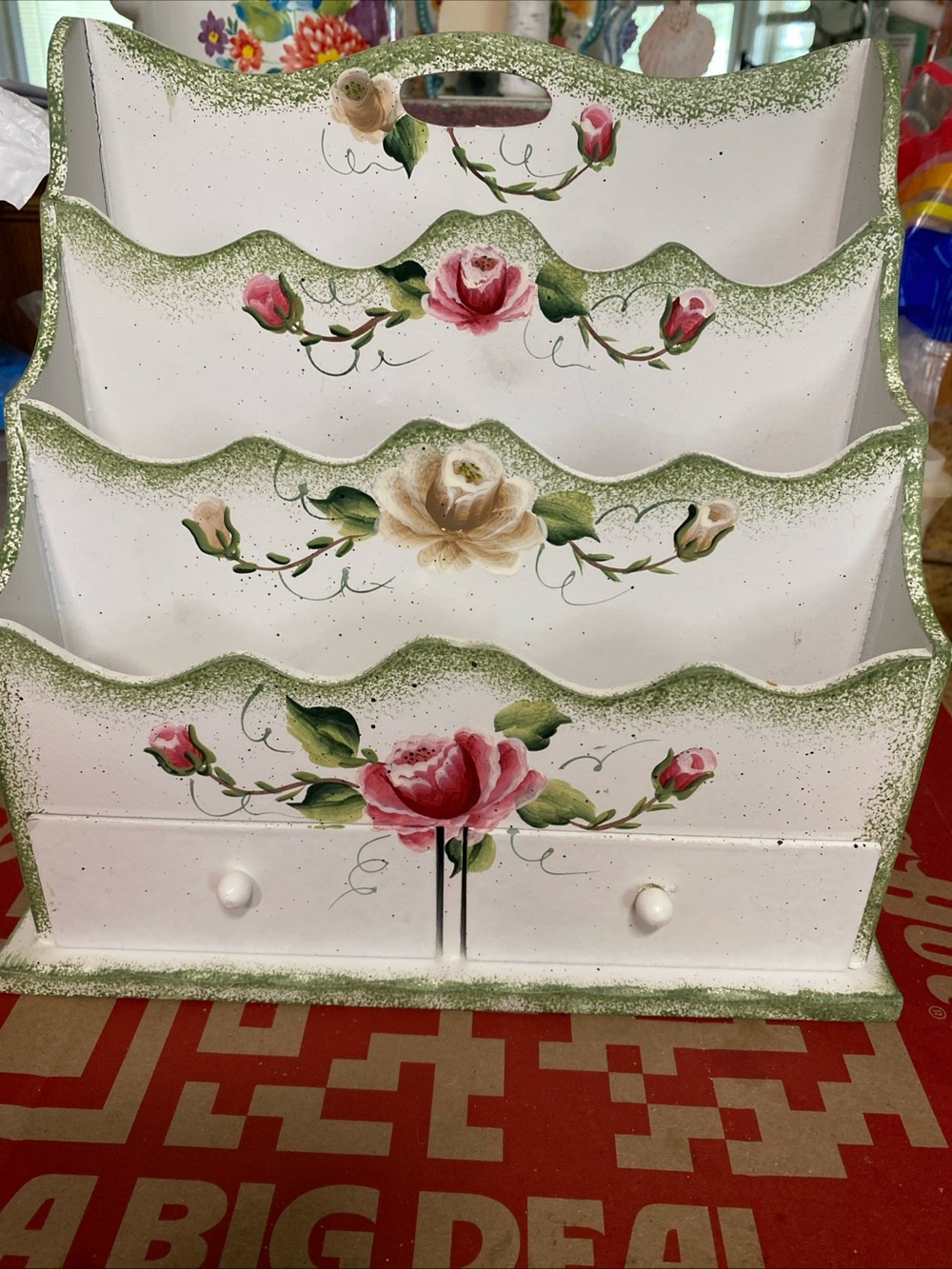 Hand-Painted Floral Wooden Mail & Storage Organizer in White and Pink